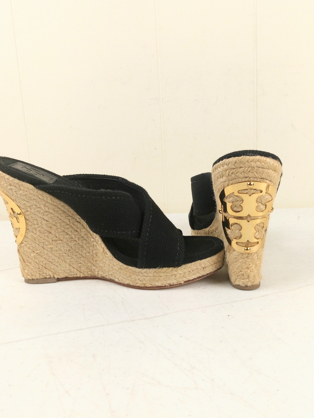 Tory Burch Black Fabric Espadrille Wedge Sandals with Gold Logo Size 9.5
